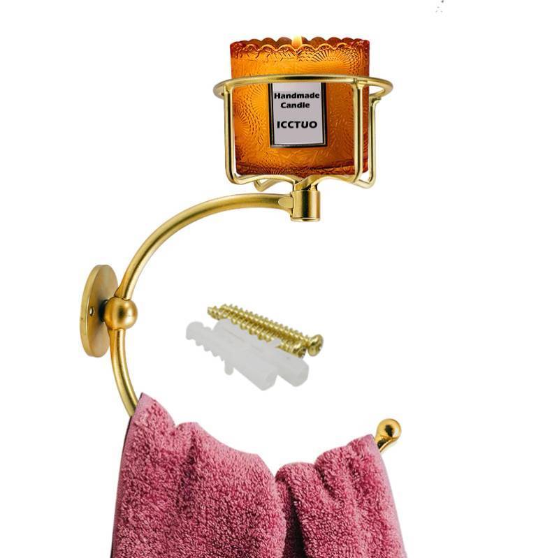 lot 1454 image: ICCTUO Gold Hand Towel Holder for Bathroom Wall, Towel Hook with Wall Candle Holder,Elegent Towel Ring Rose Gold, Sturdy Towel Rack Wall Mounted Hanger for Bathroom - Retail $22