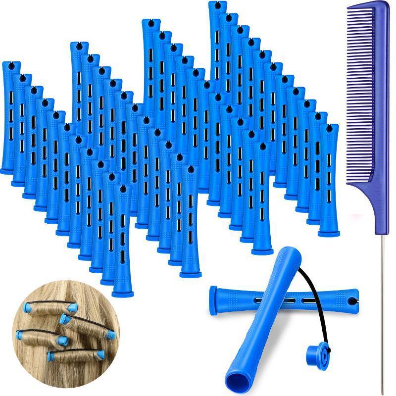 lot 1460 image: 48 Pieces Hair Perm Rods Short Cold Wave Rods Plastic Perming Irons Hair Curling Rollers Curlers with Steel Pintail Comb Rat Tail Comb for Hairdressing Styling Supplies(0.35 Inch,Blue and Dark Blue)&nbsp