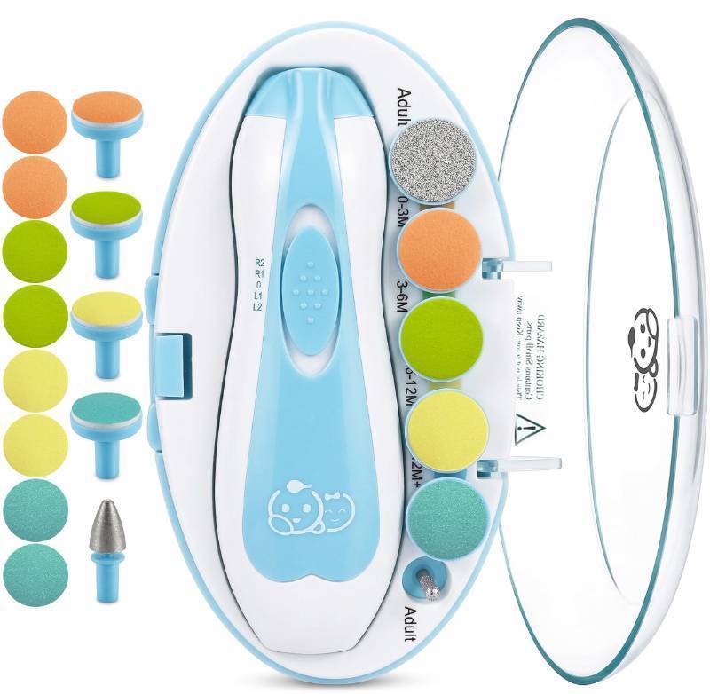 lot 1486 image: Royal Angels Upgraded 21 in 1 Baby Nail Trimmer with Labeled Case, 13 Extra Replacement Pads, Safe Electric Baby Nail File Kit for Newborns & Toddlers, Whisper Quiet Nail Clipper with LED Light (Blue) - Retail $23
