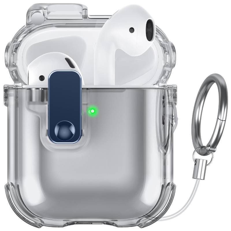 lot 1493 image: FNDMIL Case for AirPods 12 Case Cover with Lock Safety &amp Pop UpMilitary Shockproof Anti-Yellow Transparent Soft TPU Wireless Charging for AirPods 1st2nd Generation Case with Keychain,Clear Green&nbsp&nbsp