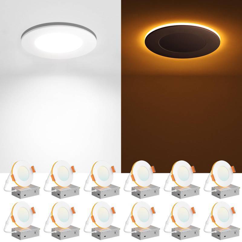 lot 1514 image: Amico 12 Pack 3 Inch 5CCT LED Recessed Ceiling Light with Night Light, 2700K3000K3500K4000K5000K Selectable Ultra-Thin Recessed Lighting, 7W65W, 500LM, Dimmable Canless Wafer Downlight ETL&FCC - Retail $110