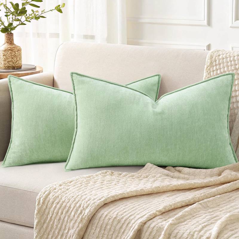lot 1612 image: decorUhome Summer Couch Throw Pillow Covers 12x20 Set of 2, Decorative Soft Velvet Modern Cozy Chenille Lumbar Pillow Cases with Elegant Design for Sofa Bed Living Room Home Decor, Sage Green&nbsp