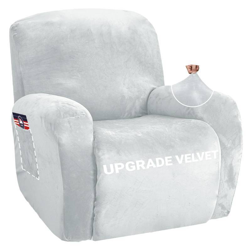 lot 1678 image: ZNSAYOTX Stretch Velvet Recliner Cover 4-Pieces, Thick Soft Recliner Chair Slipcover with Pocket, Non-Slip Elastic Bottom for Kids Pets, Luxury Plush Reclining Protector Comfy Washable (Silver Grey) - Retail $39