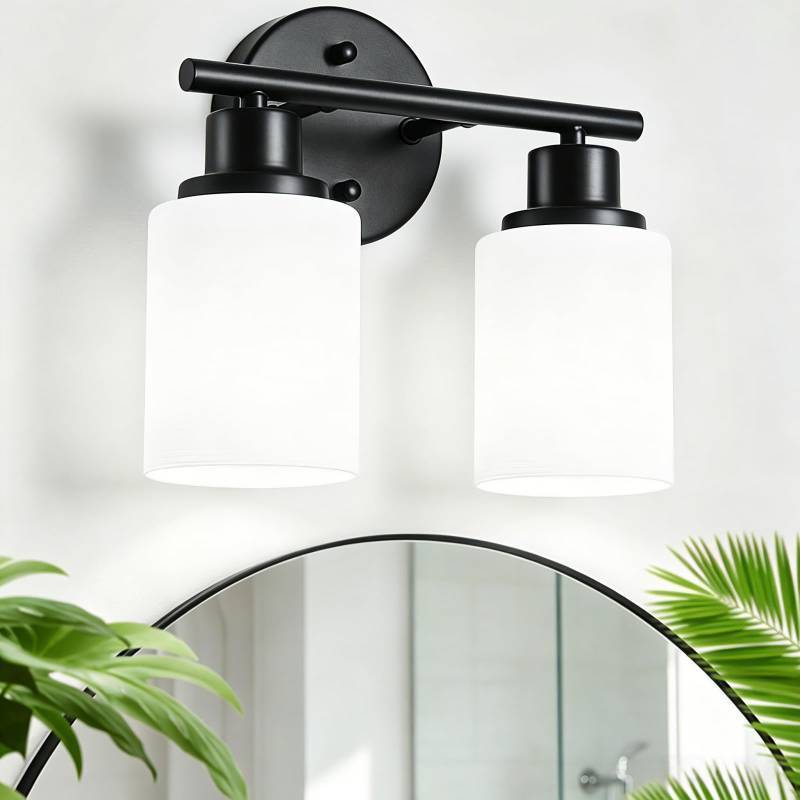 lot 1693 image: Guliaofo 2-Light Vanity Lights, Black Bathroom Light Fixture with Striped Textured Milky White Glass Shade, Modern Vanity Lighting Fixture for Bathroom Wall Light Over Mirror, E26 Wall Sconce - Retail $40