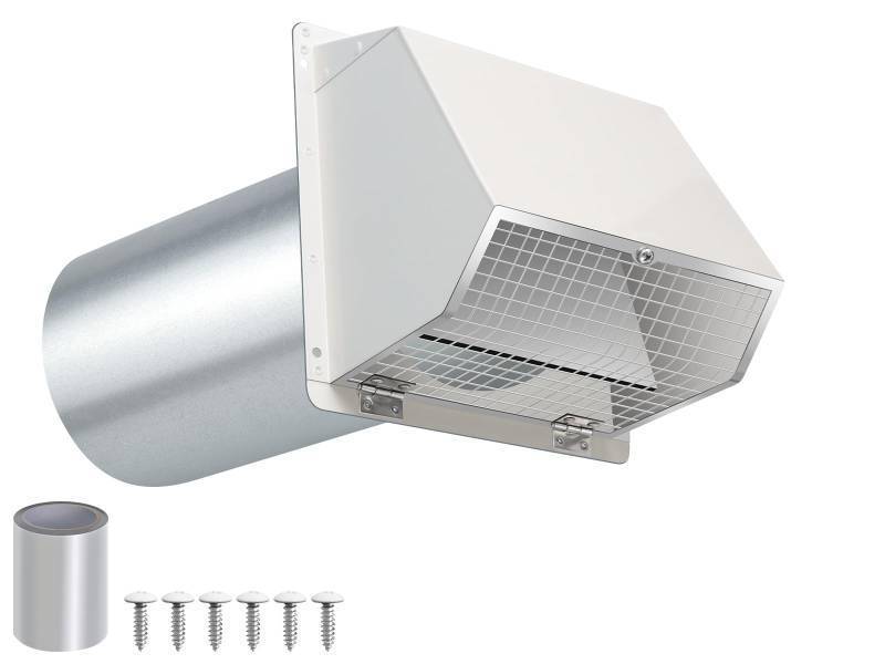 lot 1762 image: 4 Inch Dryer Vent Cover Outside Hooded Wall Vent with Screen and Damper, Exhaust Vent Wall Mount Exterior Wall Vents Cover Cap for Dryer Ventilation&Outdoor Air Exhaust,Galvanized Steel,White - Retail $40