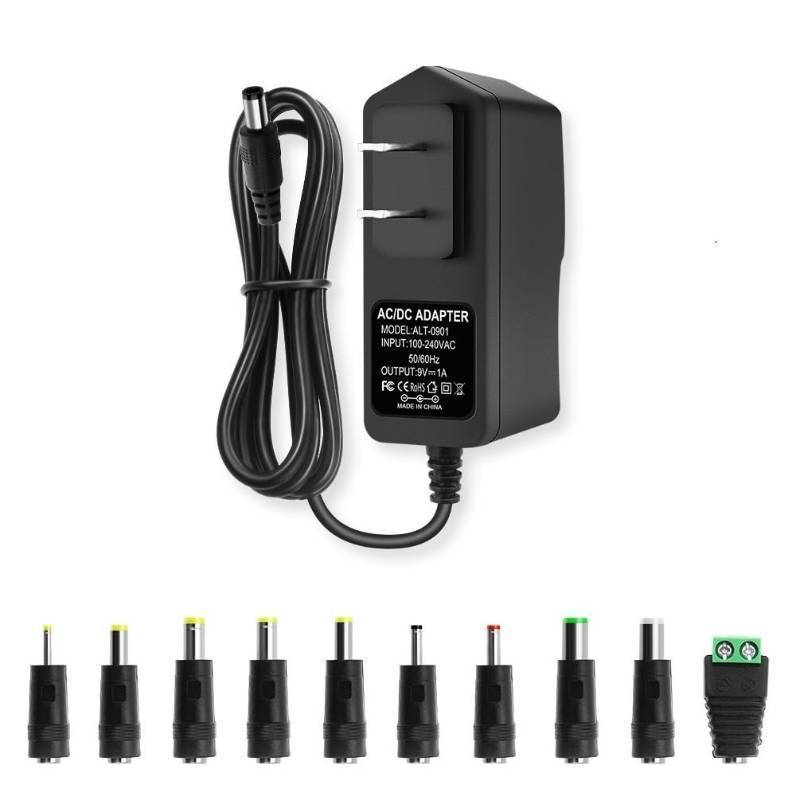 lot 1848 image: 9V DC Power Supply 1A AC Adapter, 100-240V 5060Hz to 9 Volts 1Amp Transformer, DC 9V Power Cord, Tip Positive, 5.5mm x 2.5mm Plug &amp 10 Tips&nbsp