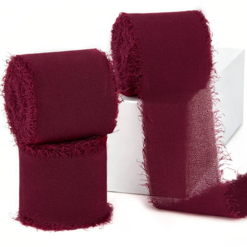 lot 1881 image: Burgundy Chiffon Ribbon 1.5 x 21 Yd Handmade Fringe Silk Chiffon Fabric Ribbon for Gift Wrapping Wedding Invitation Bridal Flower Bouquet DIY Crafts Home Decor&nbsp