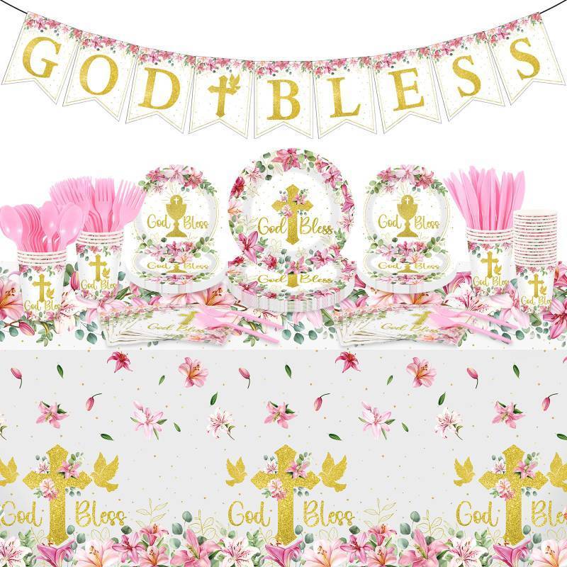 lot 1894 image: Yungyan 171 Pieces God Bless Baptism Party Supplies First Communion Tableware Set Serves 24 Guests Baptism Plates Napkins Cups Tablecloth for Newborn Baby Shower Christening Party Decoration (Pink)&nbsp