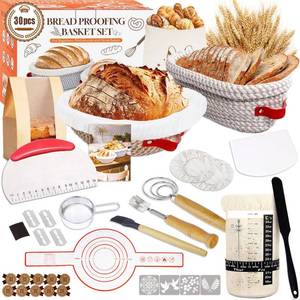 lot 2535 image: Sourdough Starter Kit, Sourdough Bread Baking Supplies, Cotton Rope Banneton Bread Proofing Basket Set with Sourdough Starter Jar for Bread Making Baking, Sour Dough Kit Tools Gifts for Bakers Women - Retail $30