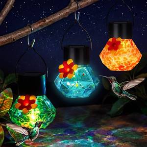 lot 2536 image: Nuogo 3 Pcs 3.54 Inch Blown Glass Hummingbird Feeders Solar Powered Hummingbird Feeder with LED Light for Garden Outdoors Window Decor Valentine Hanging Gifts Ant and Bee Resistant (Color C,Novel) - Retail $30