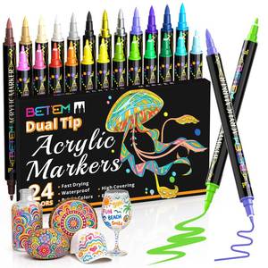 lot 2543 image: Betem Dual Tip Acrylic Paint Pens, 24 Colors Paint Markers for Glass, Window, Fabric, Wood, Rock, Canvas, Acrylic Markers with Fine &amp Brush Tip, Art &amp Craft Supplies, Teacher Appreciation Gift&nbsp