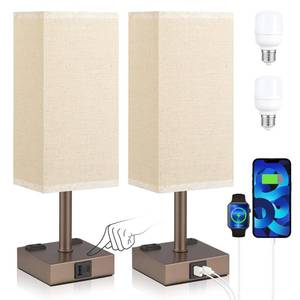lot 2558 image: aooshine Brown Base Touch Lamps Set of 2 - Nightstand Lamp with USB-C  A Charge Ports & AC Outlets, 3-Way Dimmable Bedside Lamp, Small Table Lamp Light for Bedroom (Bulb Included) - Retail $43