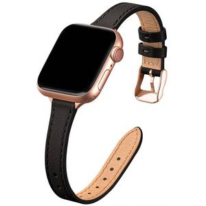 lot 2571 image: STIROLL Slim Leather Bands Compatible with Apple Watch Band 38mm 40mm 41mm 42mm(Series 11 10), Top Grain Leather Watch Thin Wristband for iWatch SE 9 8 7 6 5 4 3 2 1 (Black Rose Gold) - Retail $23