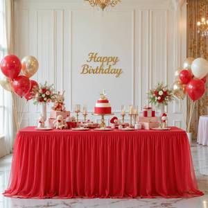 lot 2575 image: Little Funny Red Tablecloth Rectangle 6 Foot Fitted Stretch Elastic Tulle Ruffle Tablecloths Rectangular Spandex Table Covers 6ft Birthday Baby Shower Wedding Party Table Cloths with Skirt - Retail $27