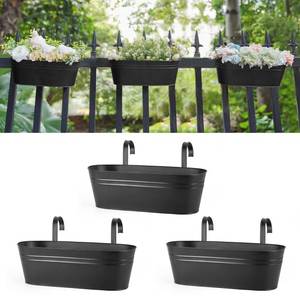 lot 2599 image: Dahey 3 Pcs Metal Hanging Flower Pots for Railing Fence Outdoor Planter 15.7 Inch Hanging Bucket Pots Countryside Window Flower Plant Holder with Detachable Hooks for Garden Yard Home Decor,Black - Retail $27