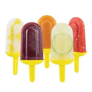 lot 2615 image: Tovolo Classic Freezer Pop Molds for Frozen Popsicles 5 Pack for Kids and Toddlers, Easy to Fill Reusable Popsicle Molds with Sticks No Mess Drip Guard Quick Clean Dishwasher Safe, Sun Ray Yellow - Retail $10