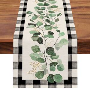 lot 2616 image: Seliem Spring Eucalyptus Leaves Greenery Table Runner, Black White Buffalo Plaid Check Kitchen Dining Table Decor, Green Plants Botanical Summer Farmhouse Home Decoration Party Supply 13 x 72 Inches&nbsp