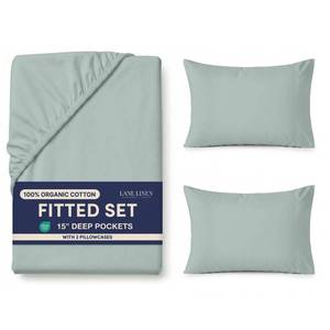 lot 2618 image: LANE LINEN 100% Organic Cotton Fitted Sheet Full Size Set (No Flat Sheet) - Soft & Breathable Percale Weave Fitted Sheet Set With Snug Fit Pillowcase - 15 Deep Pocket - GOTS Certified - French Blue - Retail $24