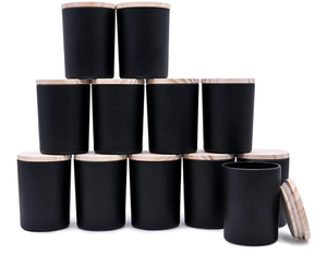 lot 102 image: Black Glass Candle Jars with Bamboo Lids, Set of 12 - Retail $25