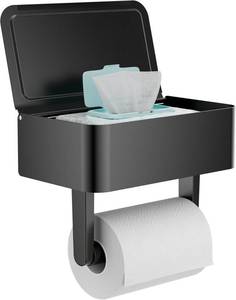 lot 112 image: Toilet Paper Holder with Shelf, Flushable Wipes Dispenser for Bathroom Wipe Storage. See description. - Retail $25