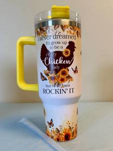 lot 115 image: 40 oz Crazy Chicken Lady Travel Tumbler with Straw and Handle - Retail $24