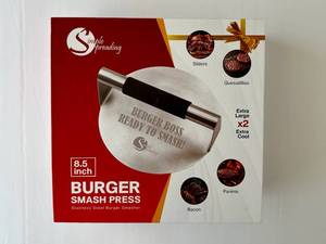 lot 127 image: 8.5 inch Simple Spreading Smash Burger Press with Fun Quote (Burger Boss Ready to Smash)  - Retail $0