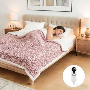lot 132 image: Ultra Soft Plush Electric Heated Blanket, Pink Leopard Print. Missing the power cord.  - Retail $40