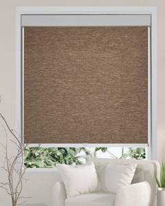 lot 141 image: Persilux Free-Stop Cordless Roller Shade Natural Woven Fabric, Light Filtering Roller Blinds, Brown - Retail $48