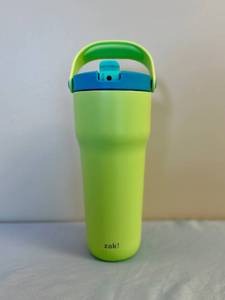 lot 153 image: Zak Designs Travel Tumbler, 30oz Stainless Steel with Vacuum Insulation, Straw Spout, Carry Handle for Cold Drinks - Retail $17