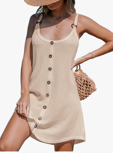 lot 182 image: (Army Green Color) CUPSHE Women Waffle Knit Beach Cover Ups O-Ring Button Front Sleeveless Bathing Suit Coverup Dress, XL - Retail $31