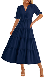 lot 196 image: (See description ) PRETTYGARDEN Women��s Summer Midi Dress Casual Short Sleeve V Neck Belted Tiered Ruffle Vacation Dress with Pockets, Small  - Retail $15