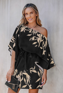 lot 197 image: CUPSHE Belted Tropical Floral Print One-Shoulder Dress, small - Retail $25