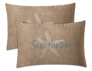 lot 204 image: Set of 2 Beach Starfish Throw Pillow Covers, Seas The Day, Canvas Look Linen Decorative Pillow Case, Size 12x20 Inch  - Retail $15