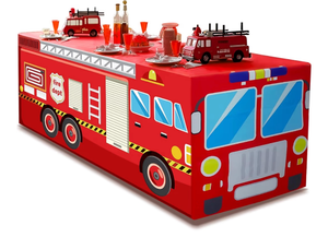 lot 215 image: 6Ft Fire Truck Birthday Party Tablecloth (See Description) - Retail $21