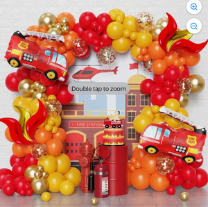 lot 216 image: Fire Balloon Garland Arch Kit 144PCS Balloons with Fire Truck Foil Balloons for Firefighter Birthday Party  - Retail $16