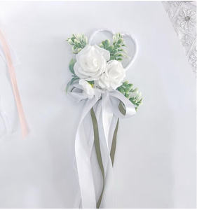lot 232 image: White Rose Heart-Shaped Wedding Floral Wand with Ribbons - Retail $15