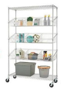 lot 60879 image: TRINITY EcoStorage 5-Tier  48x18x72  Commercial Wire Shelving  NSF w Baskets & Dividers  Chrome