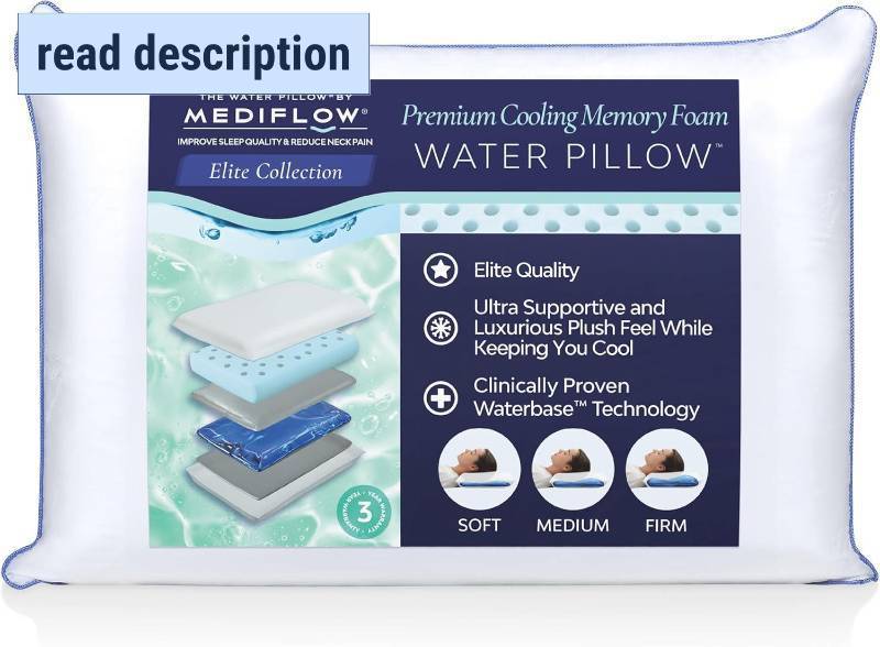 lot 271341 image: Retails for $129 Mediflow Water Pillow - Elite Collection, Cooling Gel Memory Foam. Orthopedic for Neck Pain Relief, Adjustable Water Pillow for Sleeping. (Single Pack)