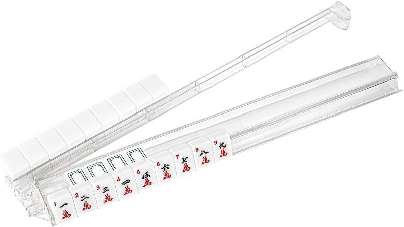 lot 371272 image: 4 Pack American Mahjong Tile Racks with Built-in Rotation Pushers, Slightly Yellowish Clear Acrylic Imported Mahjong Game Accessories, Patented Product