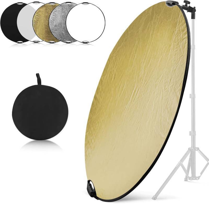 lot 361460 image: Wellmaking 43Inch110cm Photography Light Reflector, Portable Foldable 5 in 1 Diffuser Reflectors with Bag & tilt Adapter for Studio & Outdoor Lighting-Translucent, Silver, Gold, White and Black