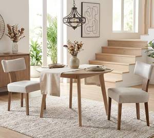 lot 142158 image: Retails for $190 Wahson Farmhouse Dining Chairs Set of 2, Pebble Grey Upholstered Mid Century Modern Kitchen Chairs with Natural Wooden Legs, Faux Leather Dining Chairs with Curved Wingback for Living Room Bedroom