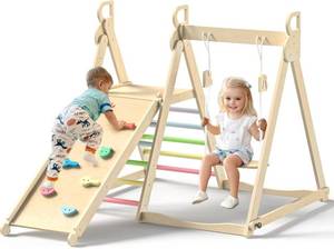 lot 152107 image: Retails for $130 BlueWood 4 in 1 Indoor Jungle Gym, Foldable Wooden Climbing Set with Swing, Slide, Ladder and Climbing Wall, Montessori Philosophy Climber Playset for Kids Aged 2 (Rainbow)