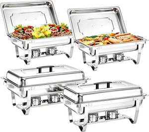lot 251556 image: Retails for $137 Chafing Dishes for Buffet 4 Pack, 9 Quart Stainless Steel Chafing Dish Buffet Set with Folding Frame, Food Warmers for Parties, Catering Supplies, Banquets, and Weddings