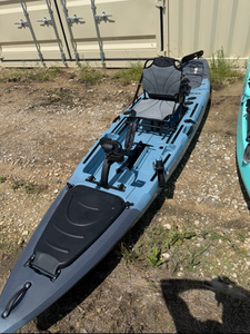 lot 806 image: Blue and grey unused Pedal Drive Fishing Kayak with Seat and Accessories
