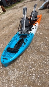 lot 821 image: Orangewhiteblue unused Tandem Fishing Kayak with Pedal Drive System