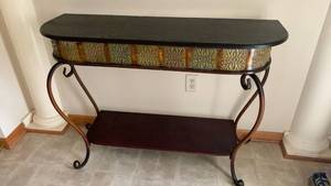 lot 904 image: Decorative Console Table with Embossed Metal Panel and metal Legs 31X43X14