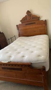 lot 905 image: Full size Victorian Style Walnut Bed Frame with Ornate Headboard mattress has stains and not included