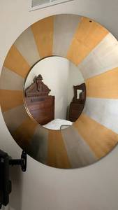 lot 907 image: 42 inch Round Sunburst Mirror with Gold and Silver Striped Frame
