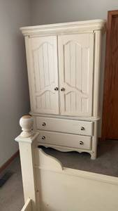 lot 912 image: White Painted Wood Armoire Entertainment Center with Storage Drawers 74X44X23
