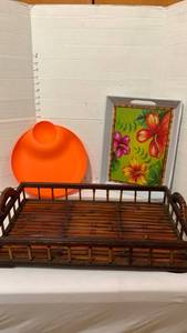 lot 1101 image: Bamboo Serving Tray Set with Orange plate and Tropical Floral tray